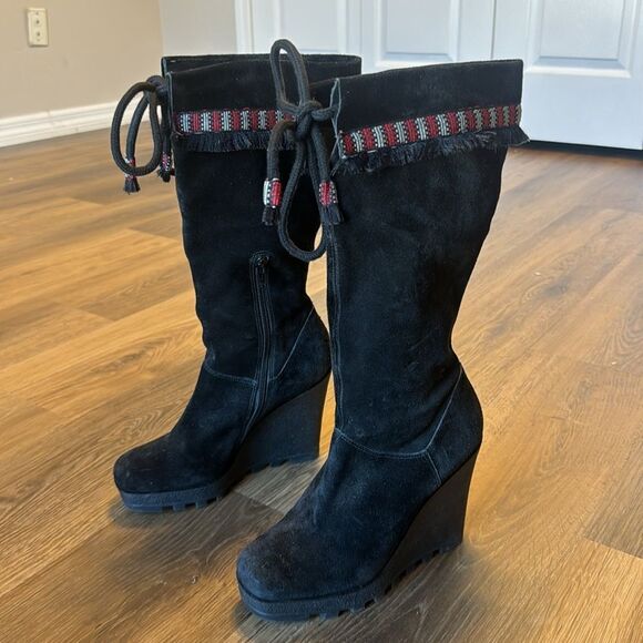 Diane Von Furstenberg Jimson Tall 4" Wedge Boots Suede Boho Tribal Fringe Sz 7 M - Picture 3 of 14
